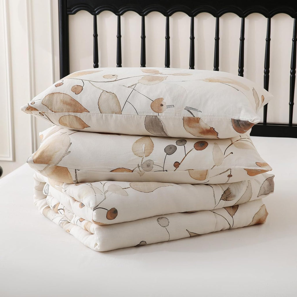 Merryword Linen Leaves Comforter Set Queen Size 3 Pieces Natural French Flax Linen Bedding Soft Breathable Moisture Wicking Comfy