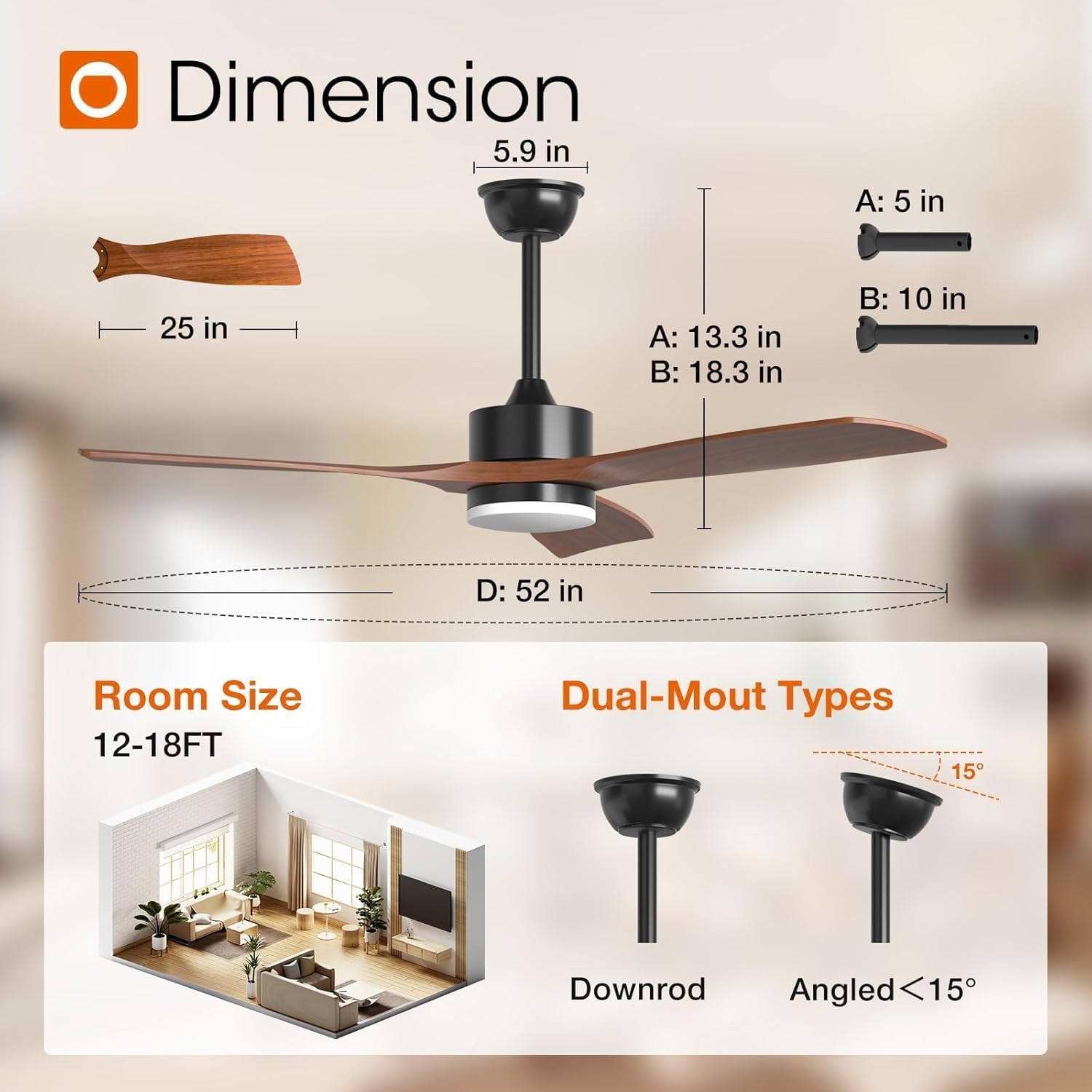 addlon 52 inch Ceiling Fans with Lights and Remote Control, Reversible, 3 Wood Blades, 6 Speeds, 3CCT Dimmable, Noiseless, Indoor/Outdoor Black Walnut Ceiling Fan for Bedroom Living Room Gazebo Patio