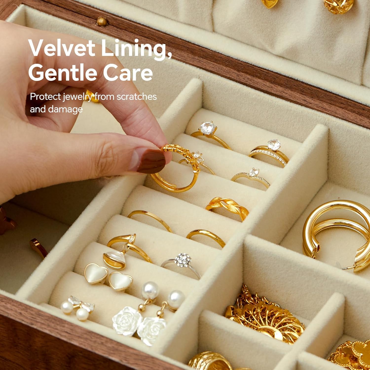 Jewelry Box Organizer for Women & Men, Black Walnut 3 Layer Wooden Jewelry Box with Velvet Lining, Earring & Ring Organizer, Large Capacity Drawer Design for Necklaces, Bracelets (3 layers)