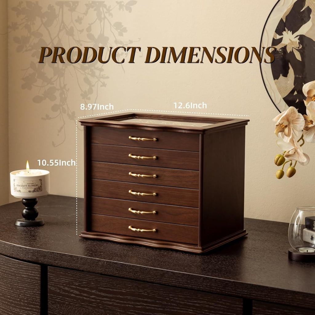KINTNESS Black Walnut Wooden Jewelry Box - 6 Drawers Solid Wood Large Jewelry Organizer with Secret Compartment for Women Girls, Jewelry for Bracelet, Necklace, Ring, Earring