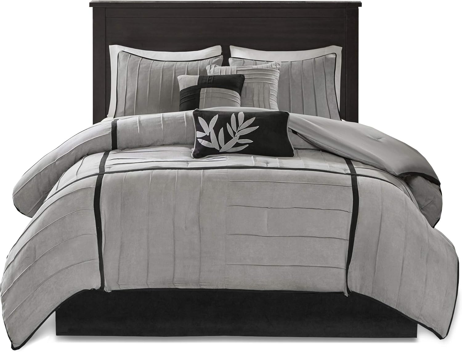 Madison Park Cozy Comforter Set Casual Blocks Design All Season, Matching Bed Skirt, Decorative Pillows, King(104"x92"), Dune Suede, Black Grey, 7 Piece