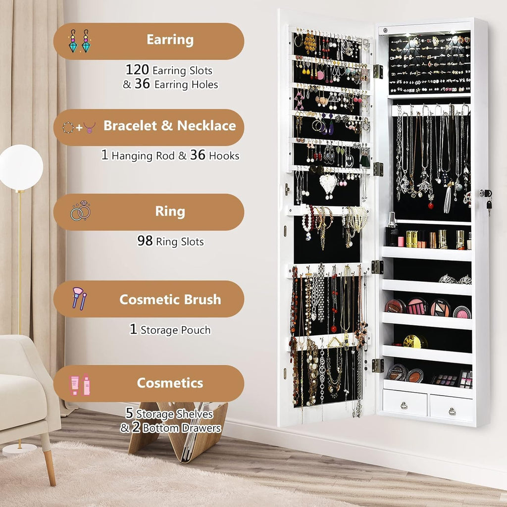 Moccha Wall Door Jewelry Armoire, Full Screen Jewelry Cabinet for Bedroom, Lockable Jewelry Cabinet, Jewelry Organizer Storage with 2 LED Lights and 2 Drawers, White