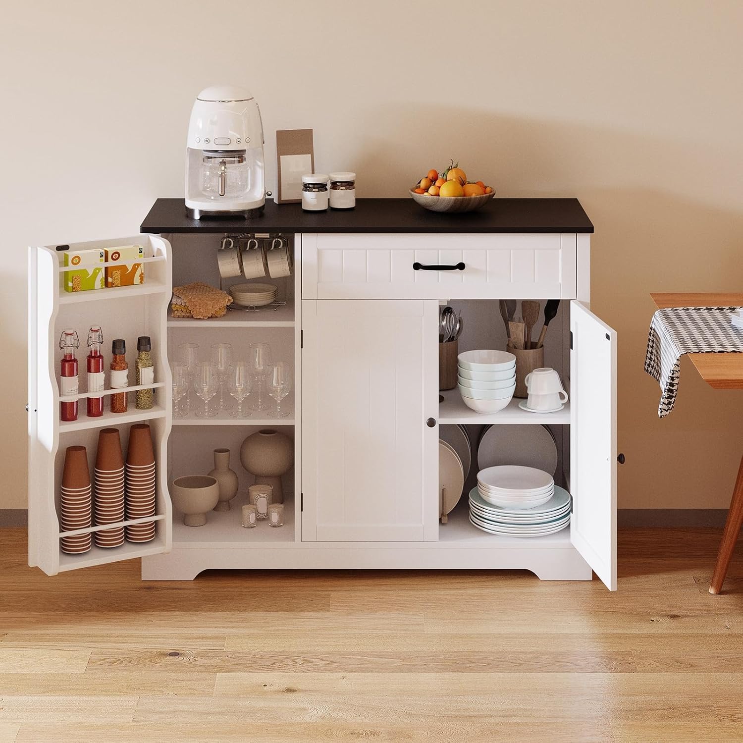 Gizoon Kitchen Coffee Bar Cabinet with Storage Kitchen Sideboard Buffet Cabinet with Drawers, Short Pantry with Door and Shelves for Bathroom and Living Room, White and Black