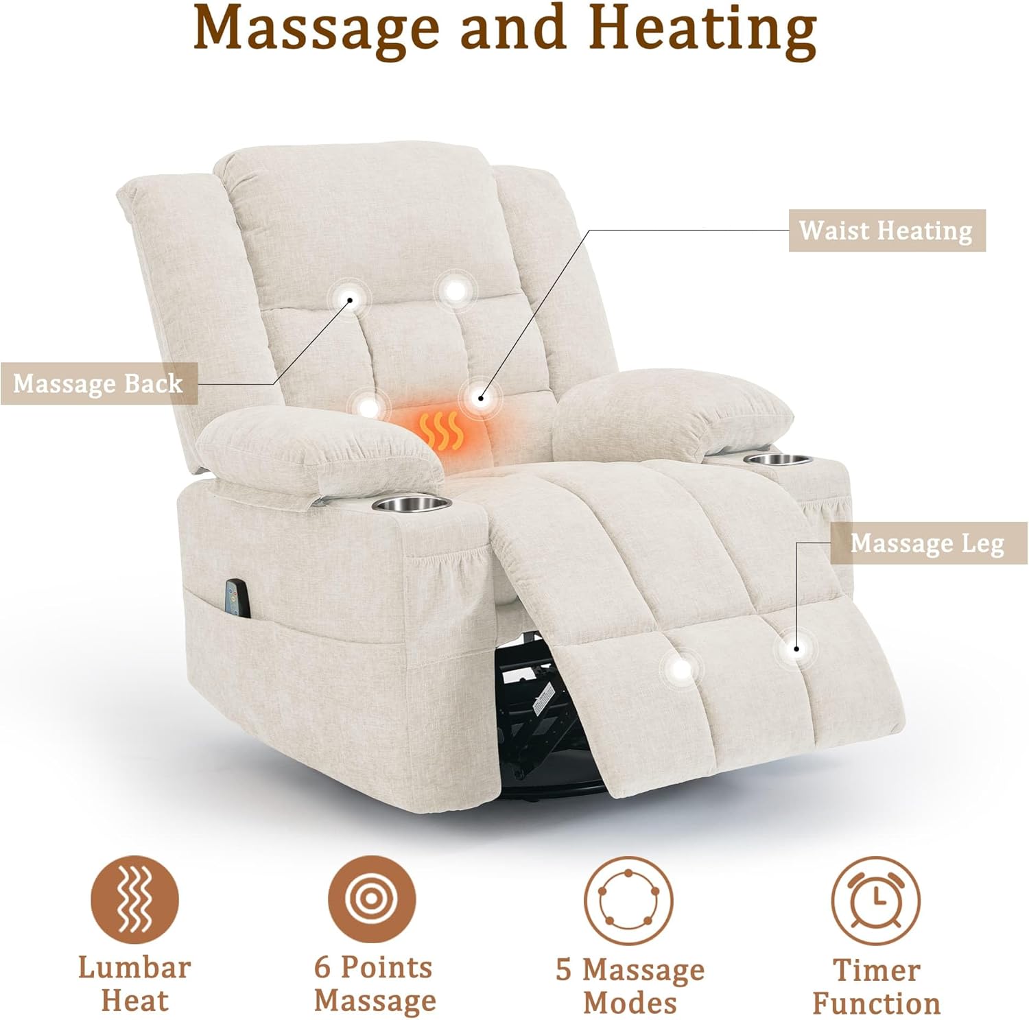 Korser 360° Swivel Rocker Recliner for Adults, Nursery Glider Recliner with Massage and Heating, Rocking Chair with Cup Holder, Manual Recliner Chair for Living Room, Bedroom (Fabric, Beige)