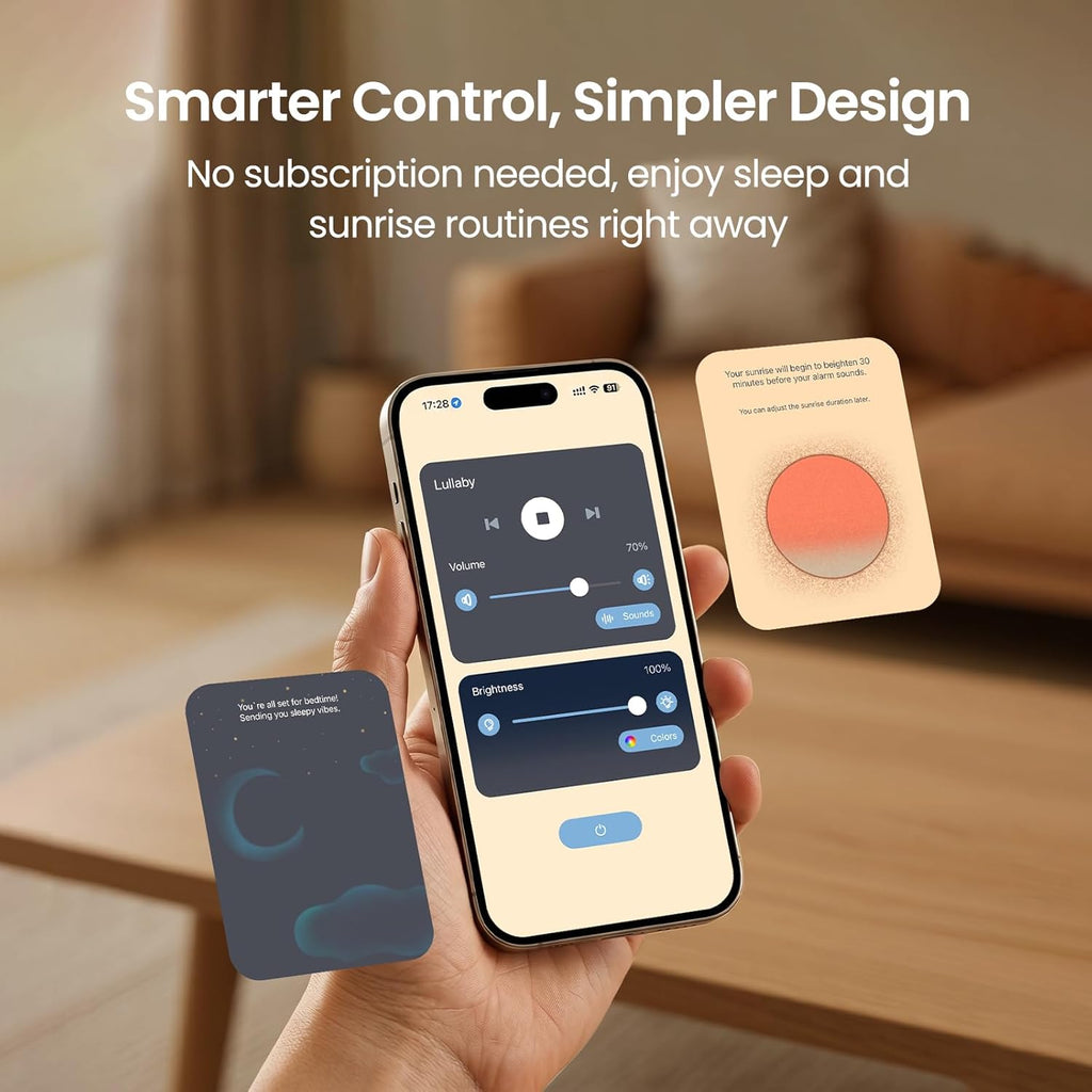 REACHER R7APP Smart Sunrise Alarm Clock with App Control, Custom Wake & Sleep Routines - Multi Sunrise Color, White Noise Sound Machine, Dimmable Display | Night Light, Screen-Free Sleep