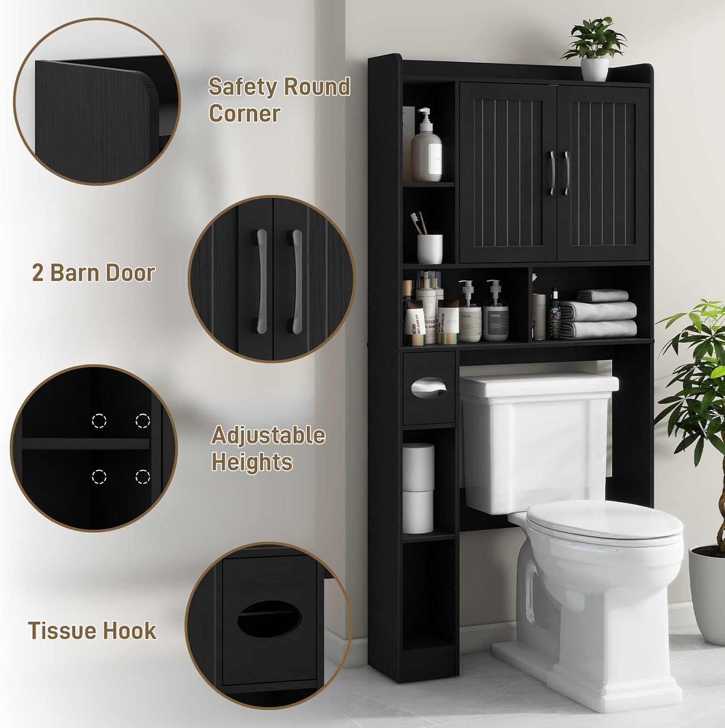 Vabches Over The Toilet Storage Cabinet, Farmhouse Storage Cabinet Over Toilet with Barn Door, Home Space-Saving Toilet Rack, for Bathroom, Restroom, Laundry（Black）.