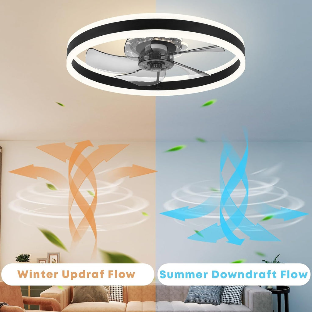 Fszdorj 23.6'' Ceiling Fan with Light, Upgraded Low Profile Fan, Flush Mount Ceiling Fan, 6 Speeds, Dimmable LED, App & Remote Control, Quiet DC Motor, for Bedroom, Living Room, F105 Black