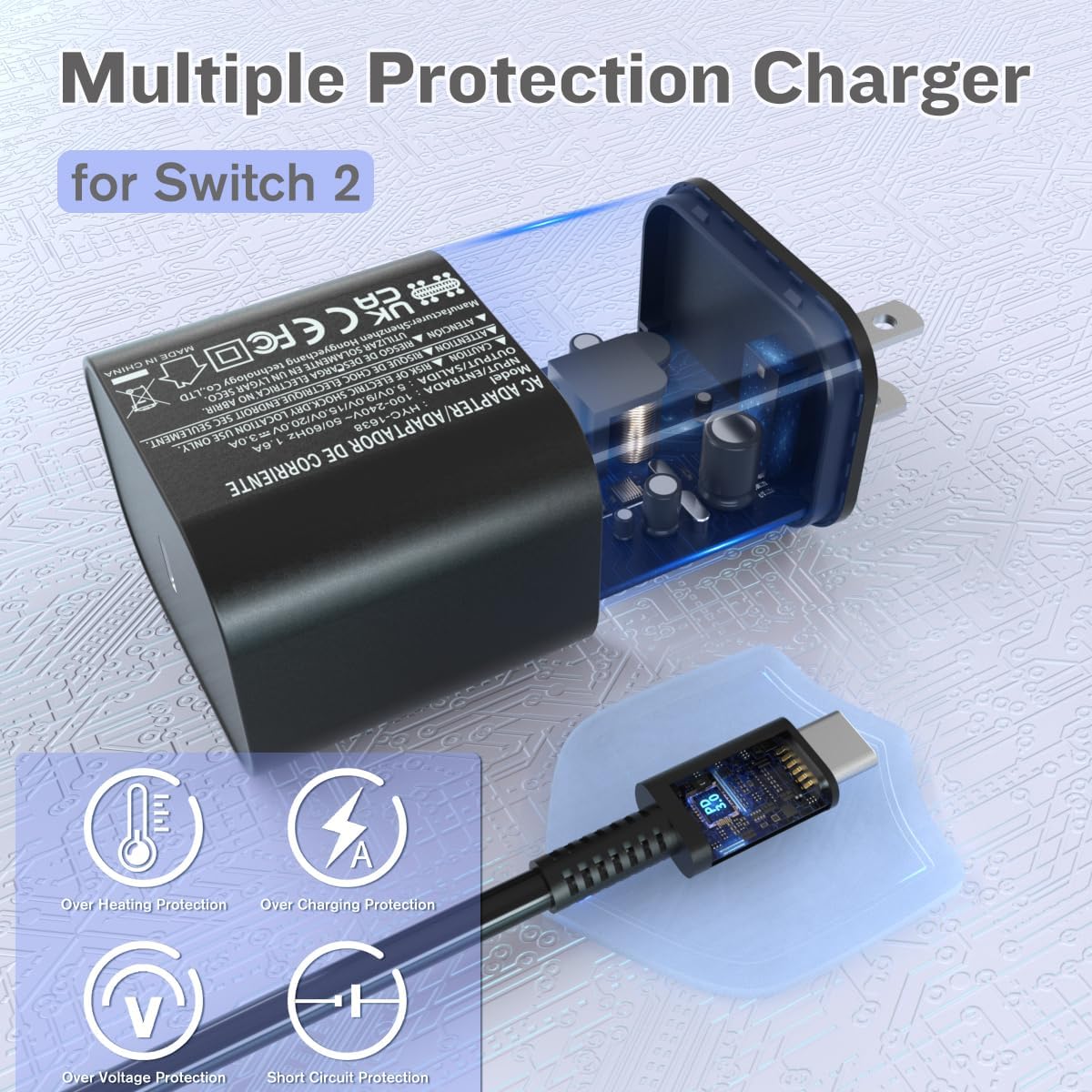 Switch Charger for Nintendo Switch2(2025),60W AC Power Supply Adapter Compatible Switch2/Steam Deck,Fast Charge Support Switch TV Dock Mode Output 20V3A with 5FT USB Type-C Charging Power Cord Cable