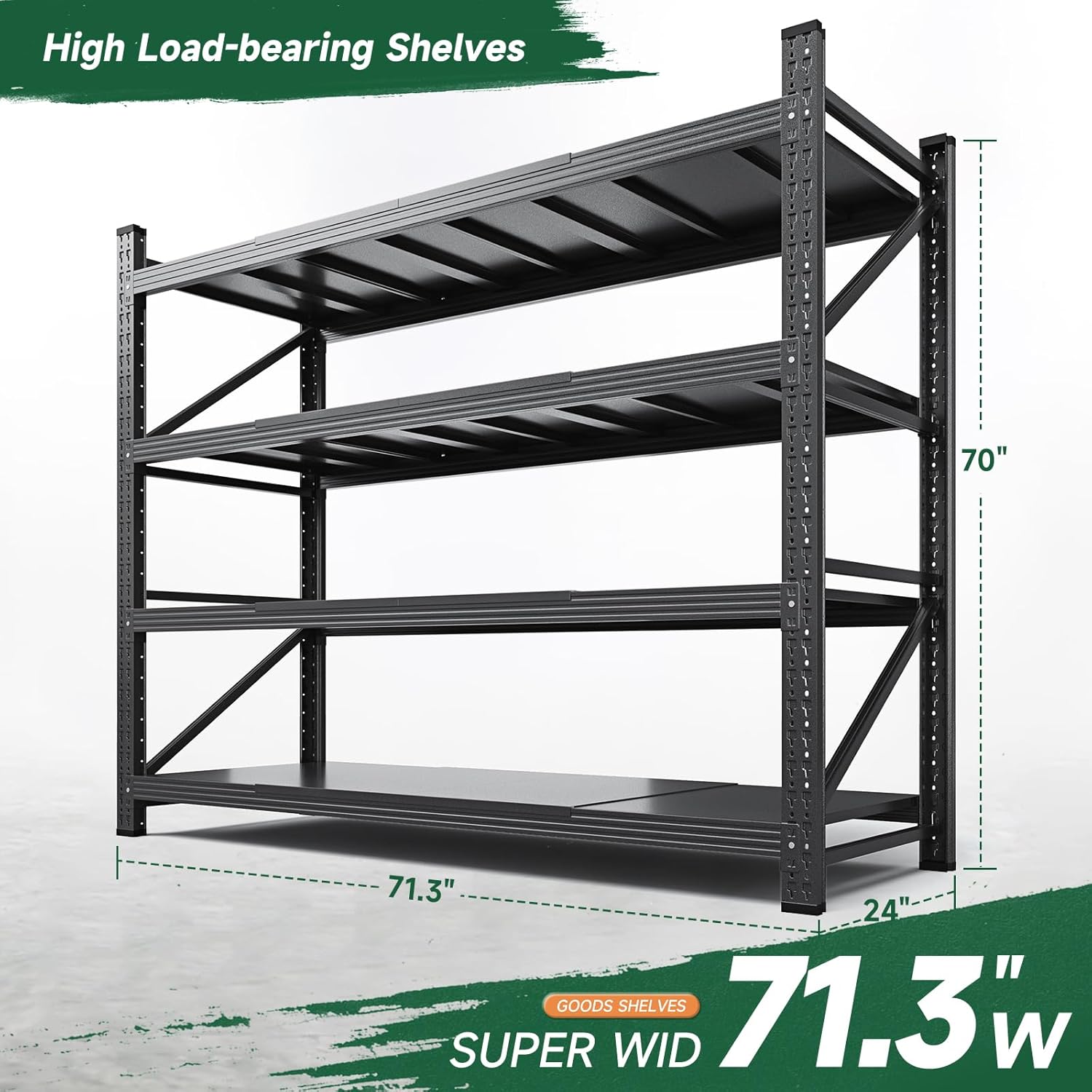 Letaya 71.3" W Metal Storage Shelves,5000LBS Heavy Duty Garage Shelving Units, 4 Tier Adjustable Utility Rack Shelf,Large Industrial Shelves,for Shop,Warehouse,Black (71.3" W x 24" D x 70" H)