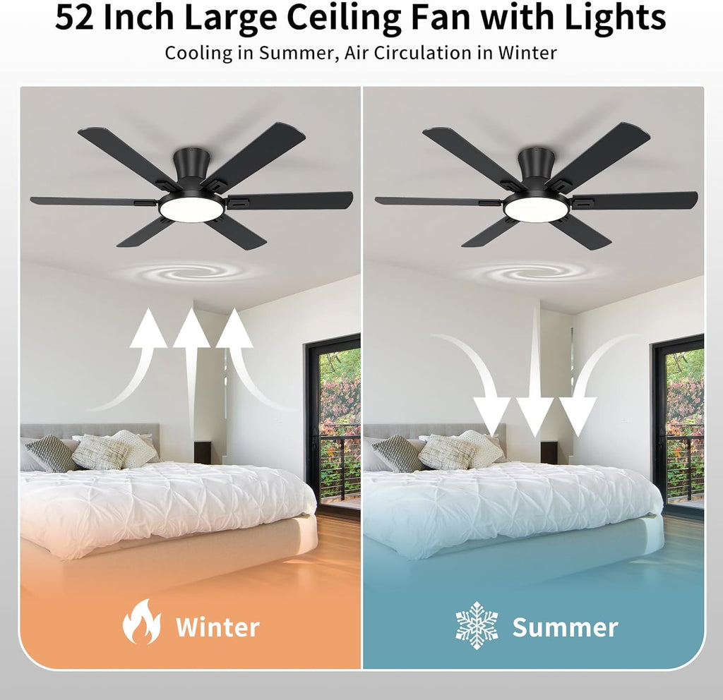 52 Inch Black Ceiling Fan with Lights and Remote, Flush Mount Low Profile 6 Blades with 10 Inch Lighting Fixture, Quiet Reversible DC Motor for Living Room, Bedroom and Patio