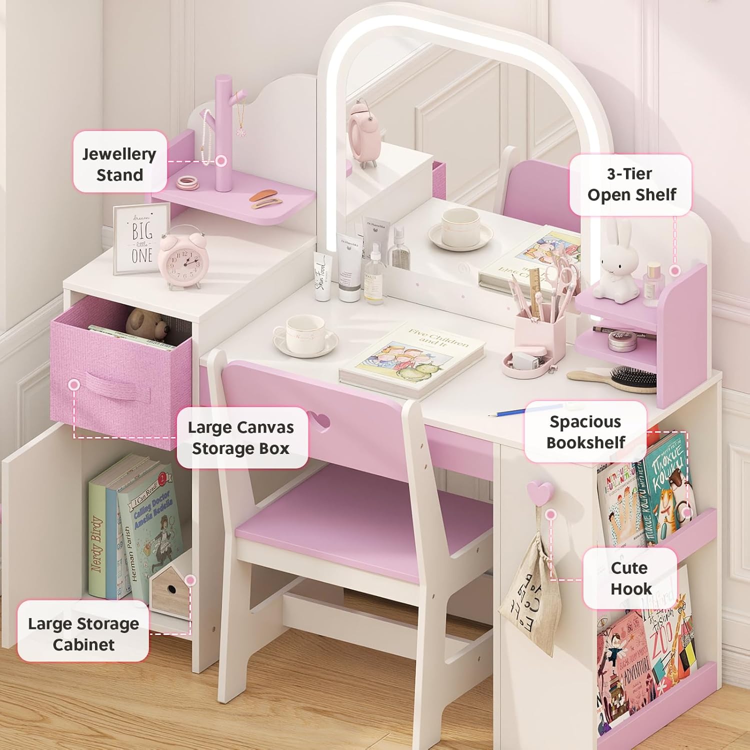 Kids Vanity with Lights and Chair, Princess Makeup Vanity Desk with Mirror Bookshelf Storage Cabinet,3 in 1 Toddler Vanity Table,Children Makeup Dressing Table,Pretend Play Vanity Set for Little Girl