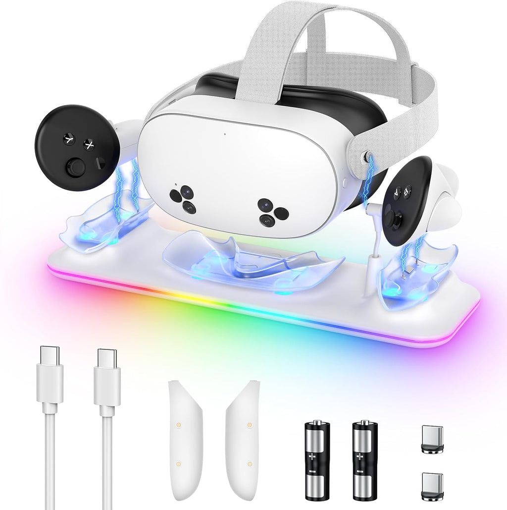 Charging Dock for Meta Quest 3S/3, Kinwin Magnetic Charging Station for Oculus Quest 3S/3 Accessories with RGB Light, Charging Stand for VR Headset & Controller with 2 Rechargeable Batteries (White)