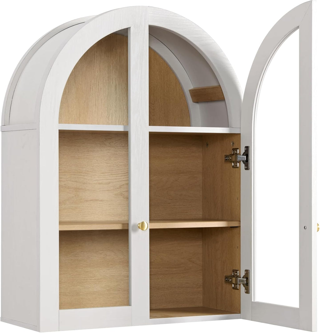 Bathroom Arched Wall Cabinet, 23.5'' Wide Medicine Cabinet, Bathroom Cabinet Wall Mount with Glass Doors & Adjustable Shelves, Over The Toilet Storage Cabinet for Laundry Room, Bedroom,Kitchen, White