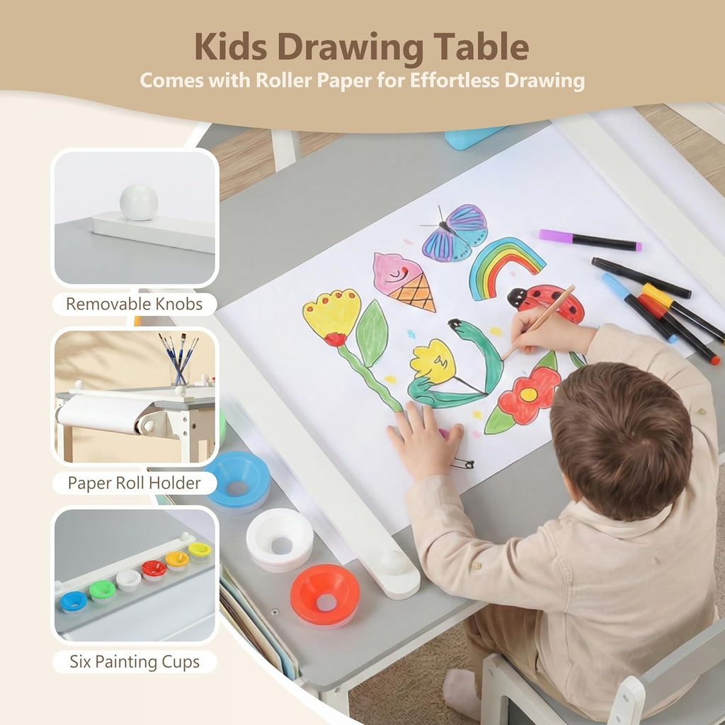 Kinder King Kids Art Table & 2 Chair Set, Wood Toddler Activity Table w/Paper Roll, Bookshelves & Storage Drawers for Kid Drawing, Studying, Playing, Kids Table and Chairs for Playroom, Nursery, Grey