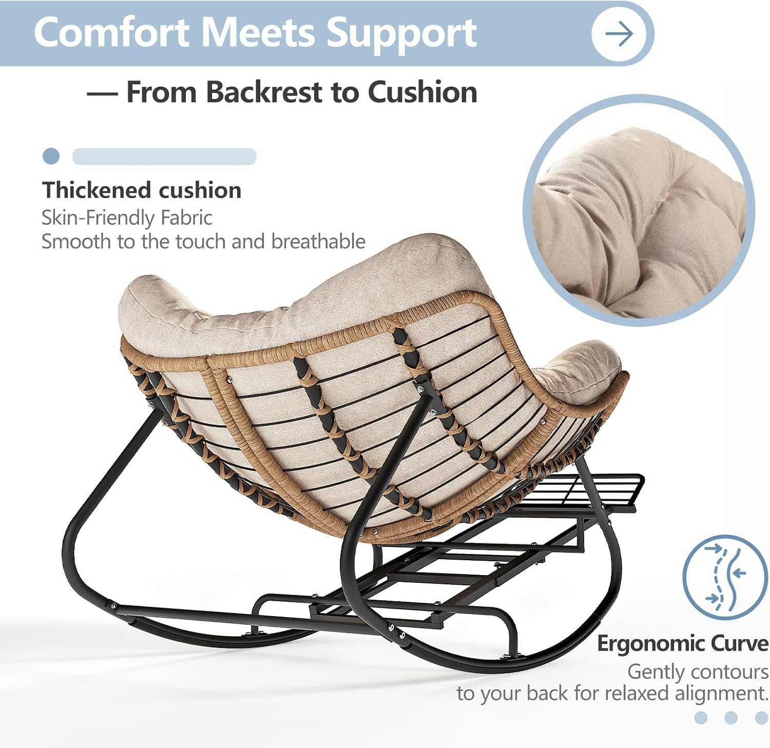 SWITTE Outdoor Rocking Chair with Footrest, Oversized Patio Papasan Rocker, Comfy Wicker Reading Lounge, Indoor Bed-Like Egg Chair for Bedroom,Balcony, Porch, Garden, Natural