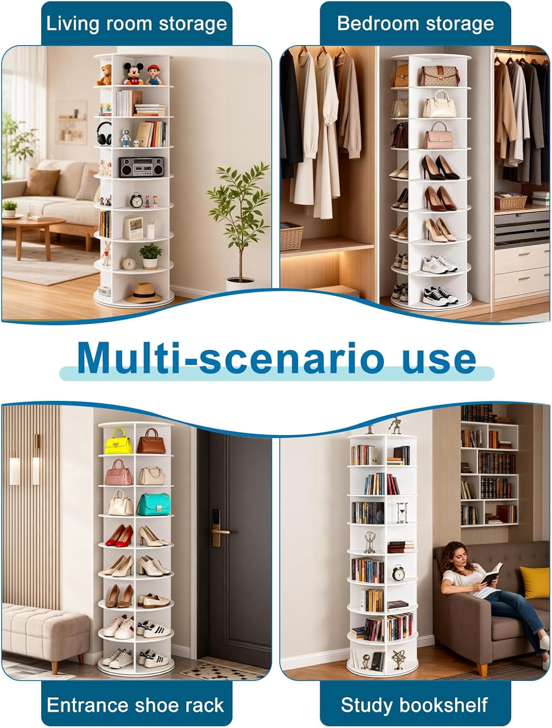 8 Tier Rotating Shoe Rack Tower, Spinning Shoe Organizer Rotating Shelf, Space-Saving 360° Revolving Shoe Rack Storage Round Carousel for Entryway, Closet & Bedroom (Shoe Rack 01)