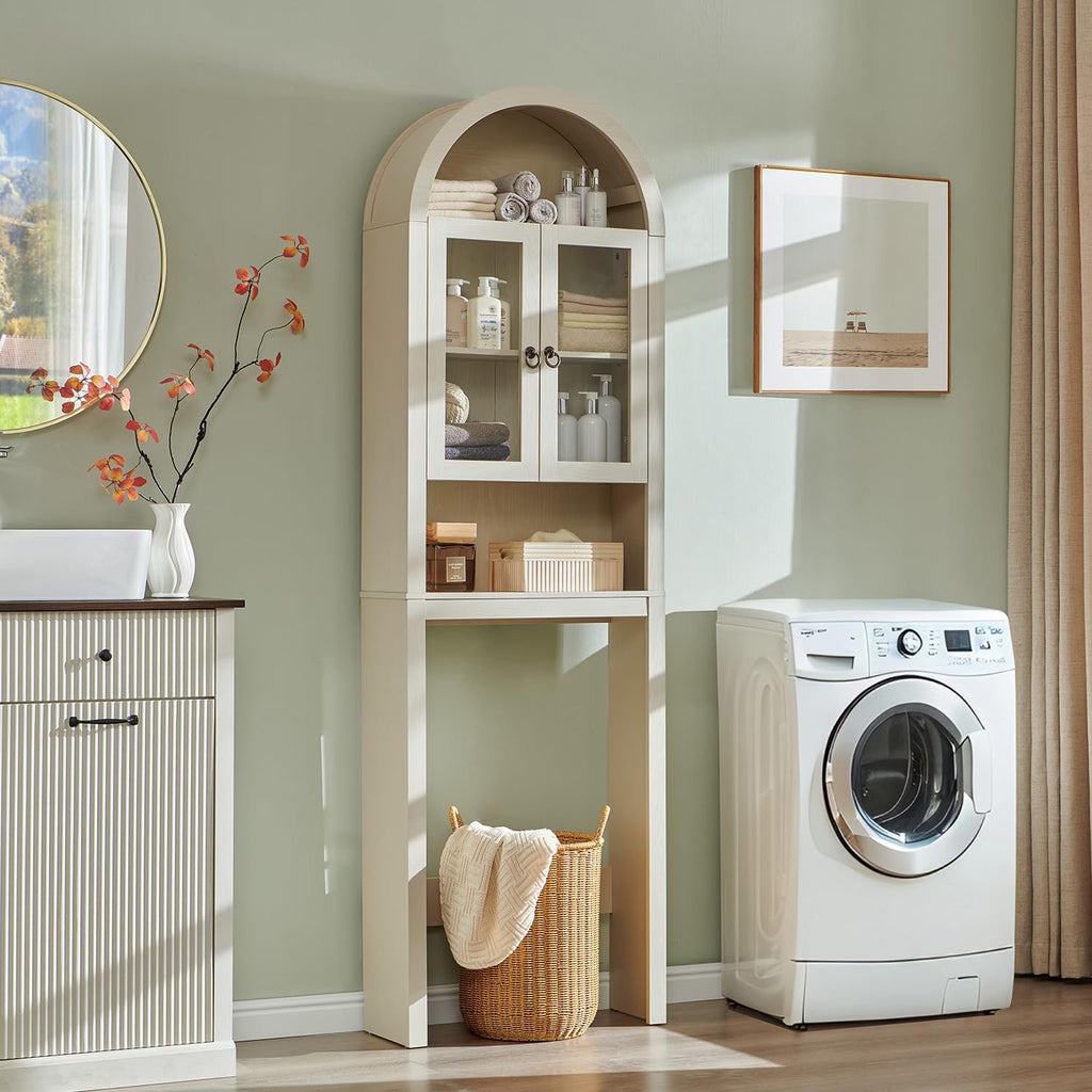 IFGET Arched Over The Toilet Storage Cabinet with Acrylic Doors, Modern Over Toilet Bathroom Organizer Shelf, Small Wooden Bathroom Storage Cabinet with Adjustable Shelf, Space Saver, Cream