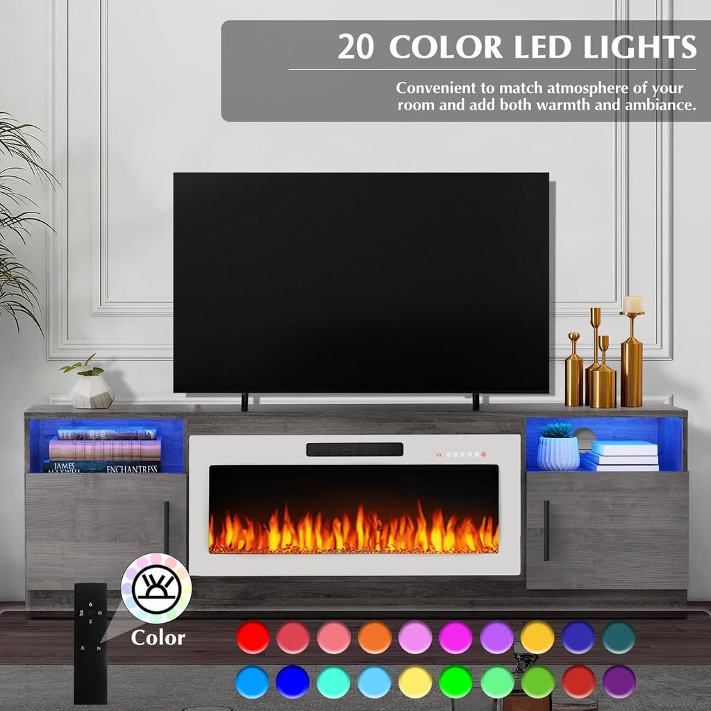 Lemberi Fireplace tv Stand with 36 inch White Fireplace Up to 80" TVs,LED Light Entertainment Center and Storage, 70" Modern Wood Media TV Console with Highlight Cabinet for Living Room (Gray)