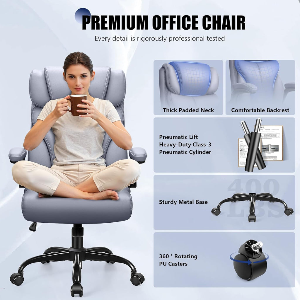 Primy Office Chair, Ergonomic Leather Desk Chair with Flip-up Armrests, Big and Tall High Back Executive Computer & Gaming Chair with Footrest, Comfy Padded, Rocking Function and Lumbar Support(Gray)
