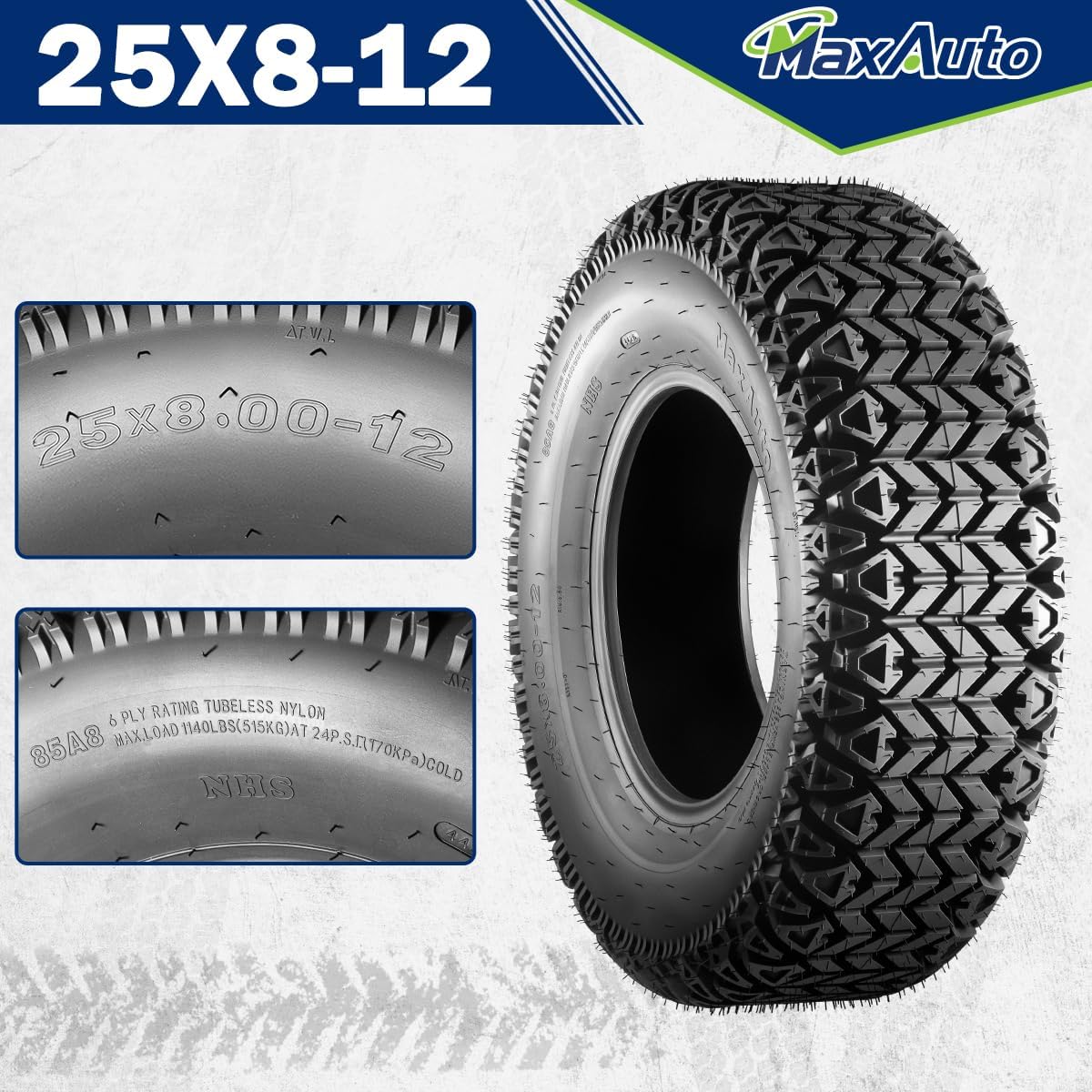 MaxAuto 2pcs 25x8-12 ATV UTV Tires, 25x8x12 All Terrain Side by Side Tires, 25 8 12 Mud Tire, 6Ply Tubeless