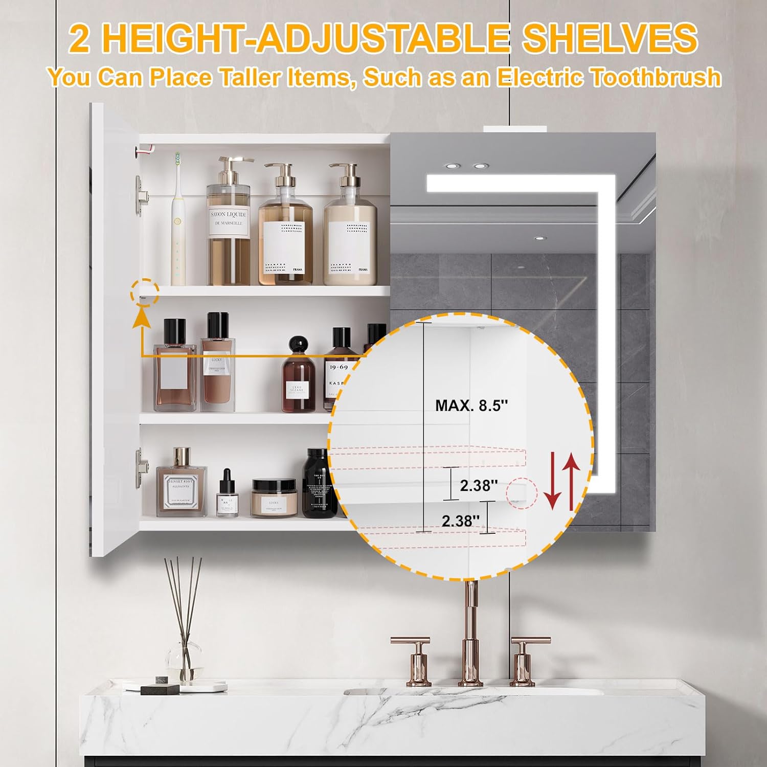 Snughome Bathroom Medicine Cabinet with Mirror and LED Lights, Wall Mount Bathroom Mirror with Storage, Anti-Fog, Built-in Power Outlets, Dimmable 3 Color Temp, Antirust Easy to Install, 31.5" x 23.6"