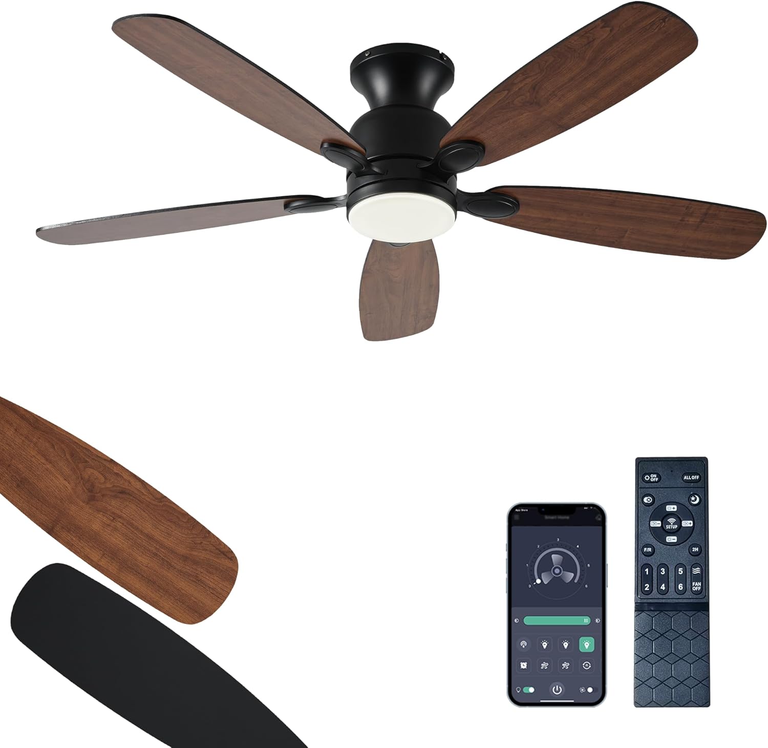 NKPU 52inch Low Profile Ceiling Fan with Light and Remote/APP Control,Reversible DC Motor,Noiseless,Dimmable,Modern Flush Mount Ceiling Fan for Bedroom,Indoor/Outdoor Use(Brown)