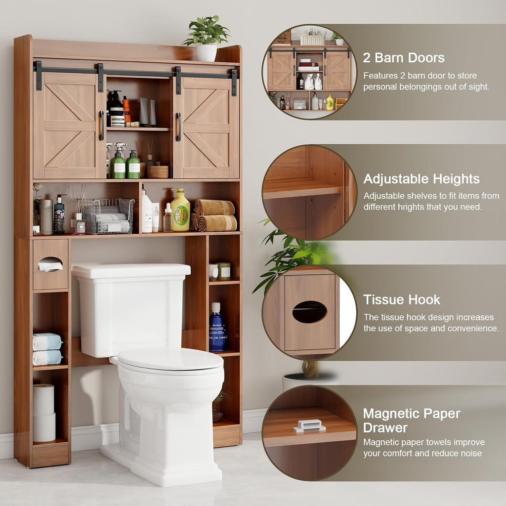 Vabches Farmhouse Storage Cabinet Over Toilet with Sliding Doors, Home Space-Saving Toilet Rack, Over The Toilet Storage Cabinet, Open Storage Shelf, for Bathroom, Laundry, Restroom.Walnut