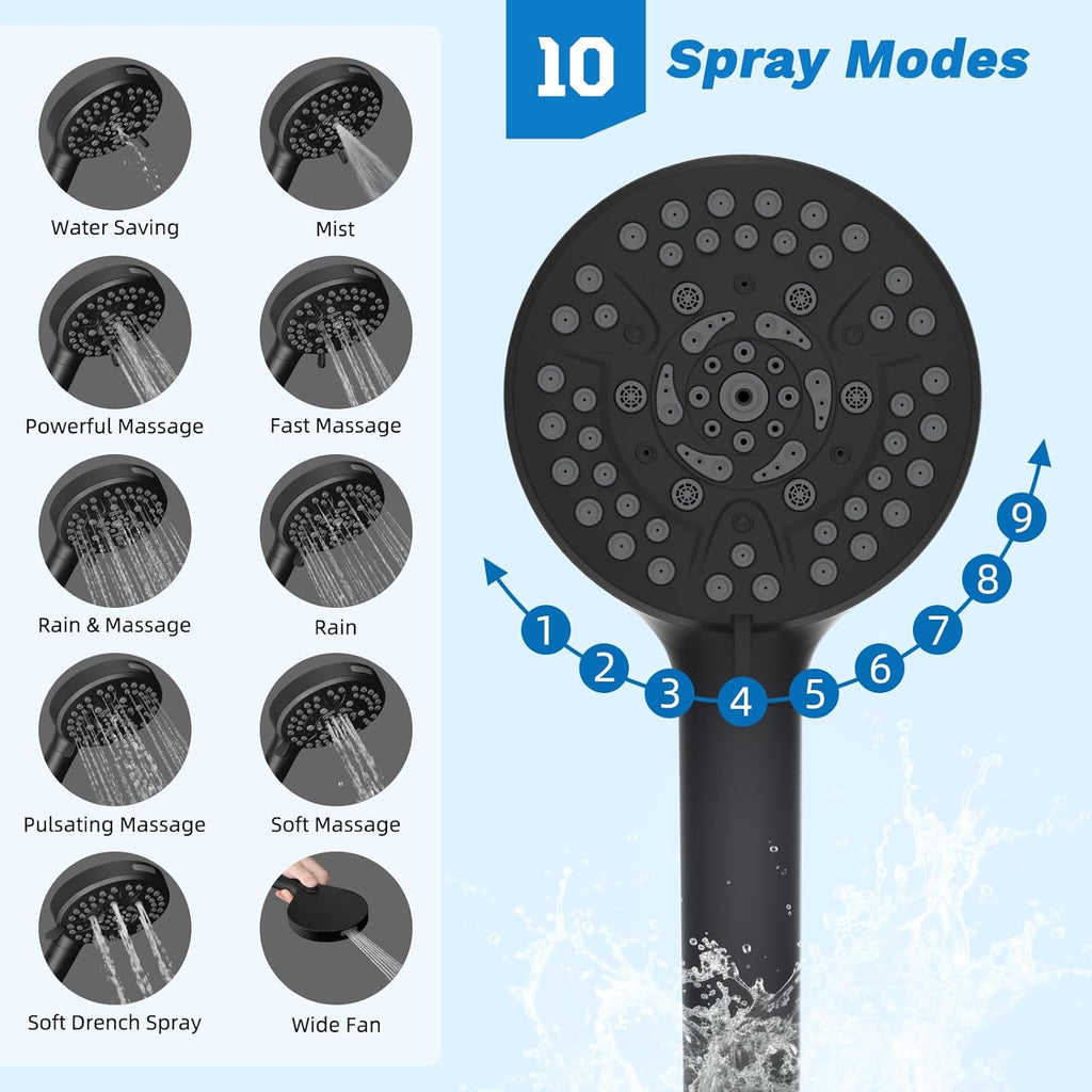 Hibbent cUPC Certified 13'' Shower Head Combo, High Pressure 5 Spray Rainfall Showerhead, 10 Spray Mode Handheld, All Metal Easy Reach 4-way Diverter Arm with Pause Mode, 71'' Hose and Holder, Black