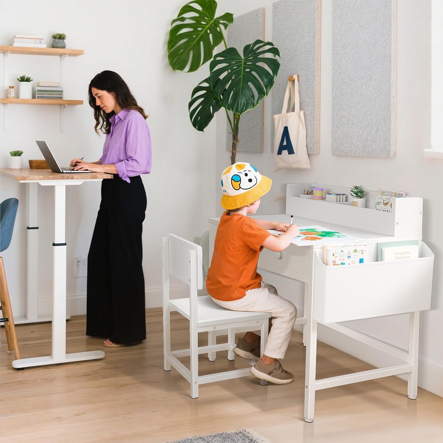 BOLUO White Kids Desk and Chair Set for 5-8 Year Old, Small Child Desk with Fabric Drawer, Children Study Table with Storage Girls Boys