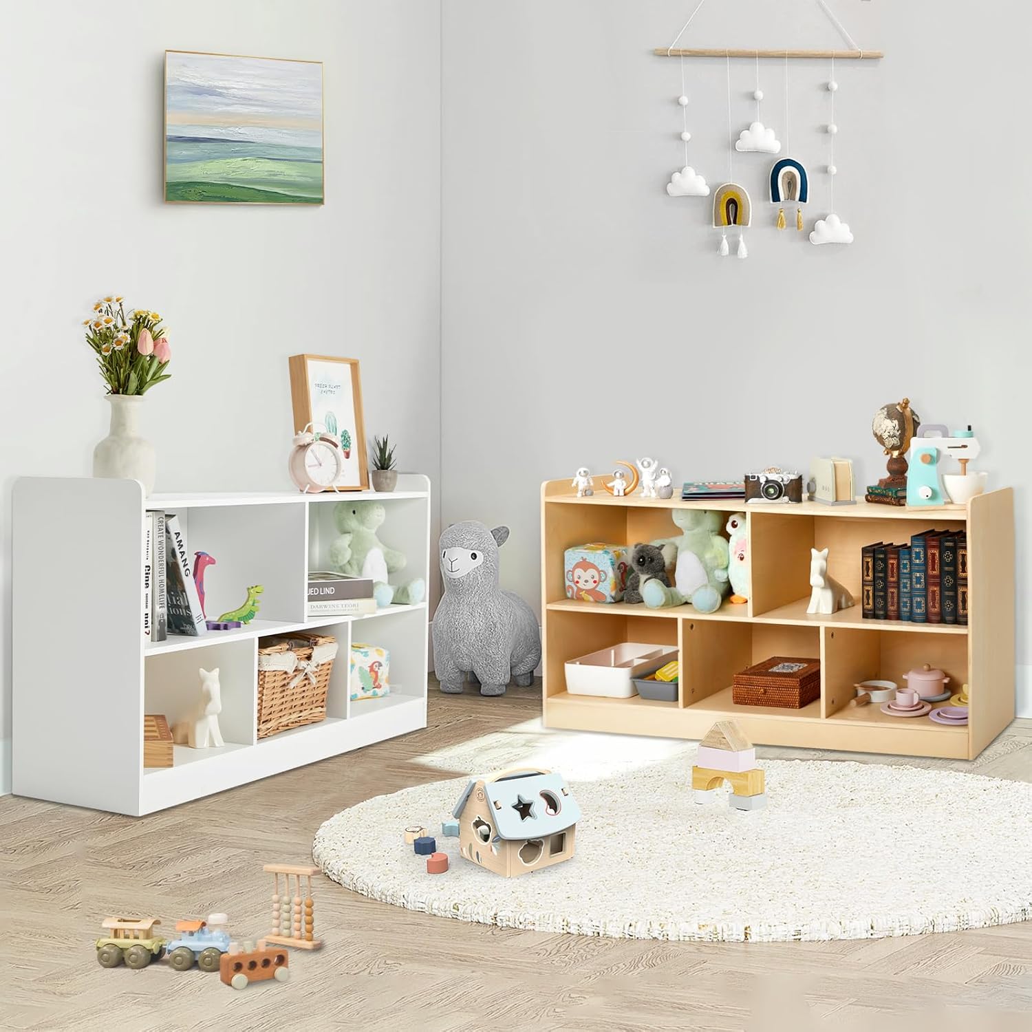 Montessori Shelf, Wooden Toy Storage Organizer for Books Toys, 2 Shelf Bookcase, 5-Section Storage Cabinet, Toddler Book Shelf for Kids Rooms, Playroom, Nursery, Kindergarten