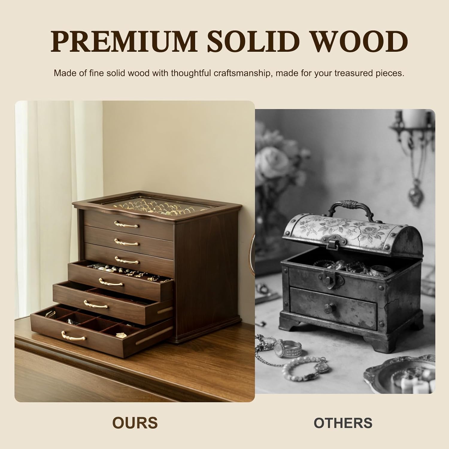 KINTNESS Black Walnut Wooden Jewelry Box - 6 Drawers Solid Wood Large Jewelry Organizer with Secret Compartment for Women Girls, Jewelry for Bracelet, Necklace, Ring, Earring