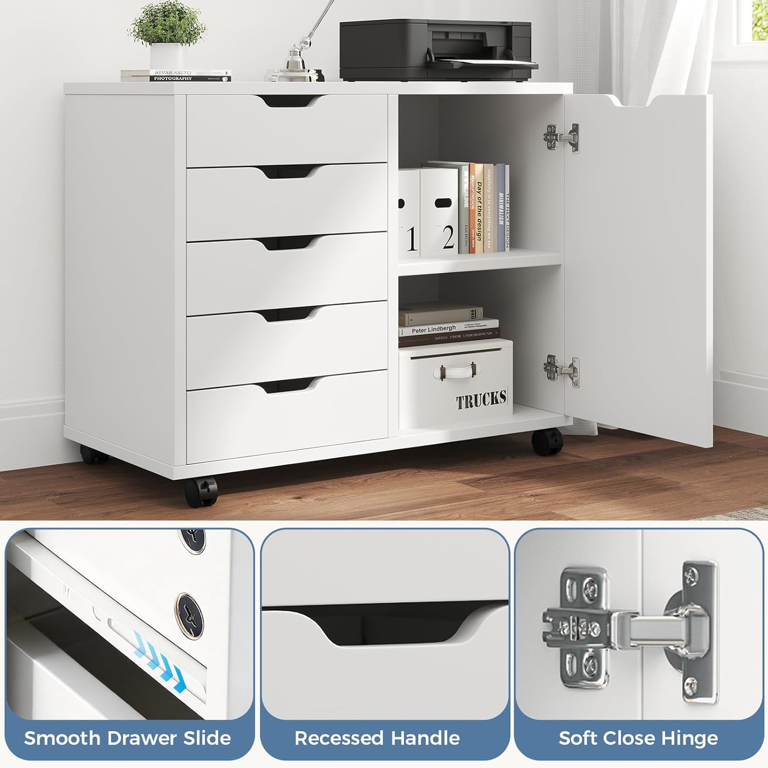 DUMOS 5 Drawer File Cabinet Office Drawers Organizer with Wheels Rolliing, Under Desk Cabinets with Shelves and Door Printer Stand with Wood Board Metal Frame for Home Office Storage Craft Room, White