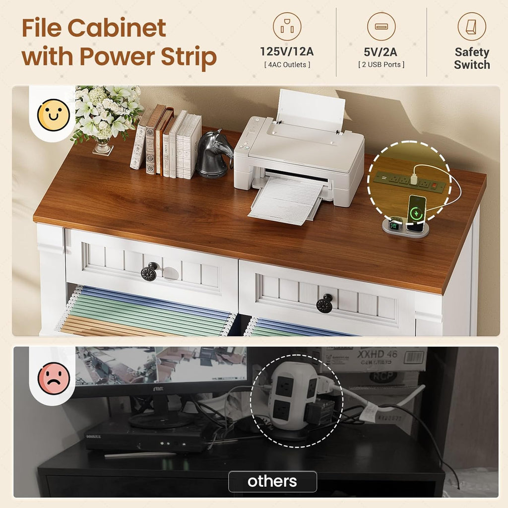 SEDETA 4 Drawers File Cabinet, 33" Farmhouse Filing Cabinets for Home Office fit Legal/Letter/A4 File, Wood Office File Cabinet with Power Outlets, Printer Stand with Storage, White+Brown