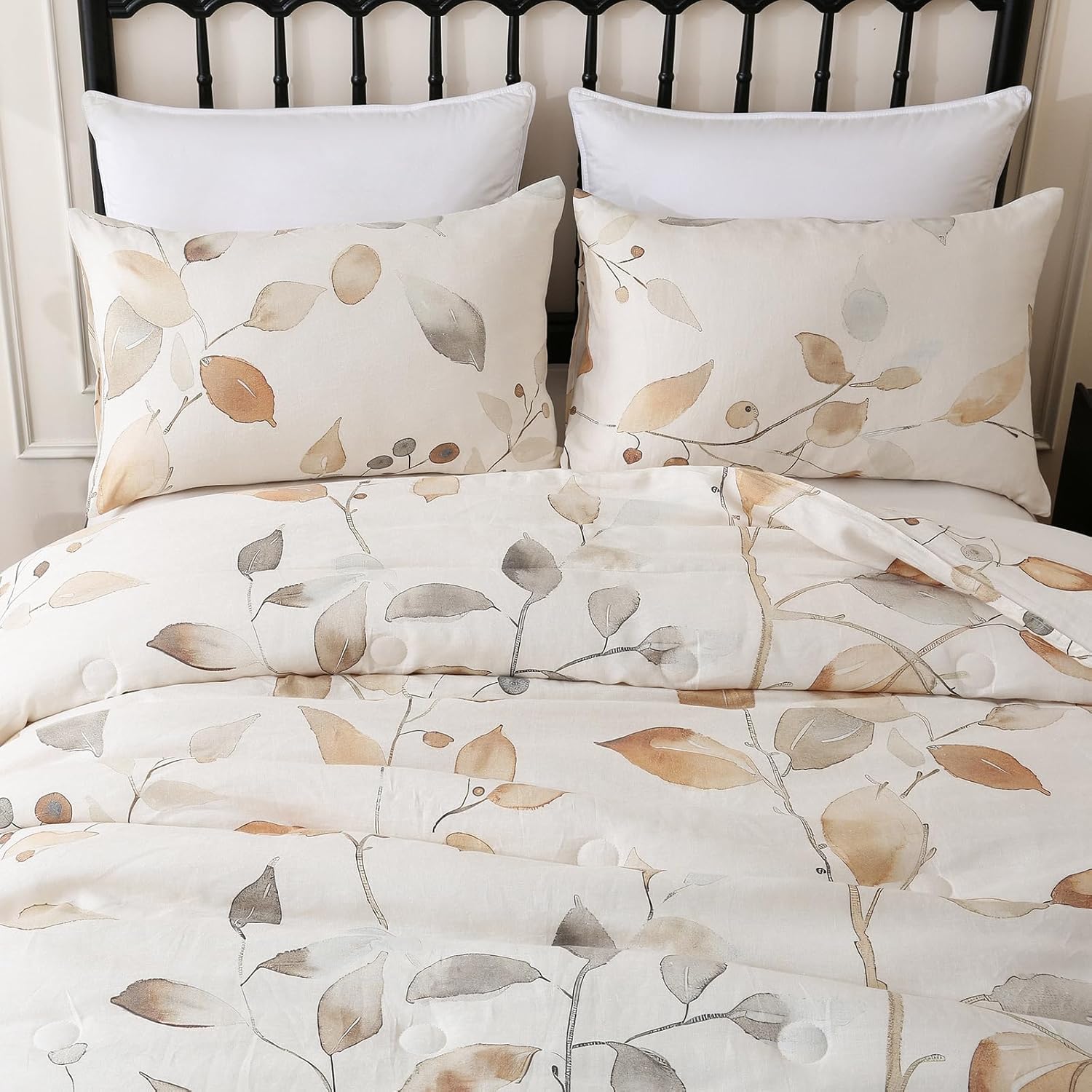 Merryword Linen Leaves Comforter Set Queen Size 3 Pieces Natural French Flax Linen Bedding Soft Breathable Moisture Wicking Comfy