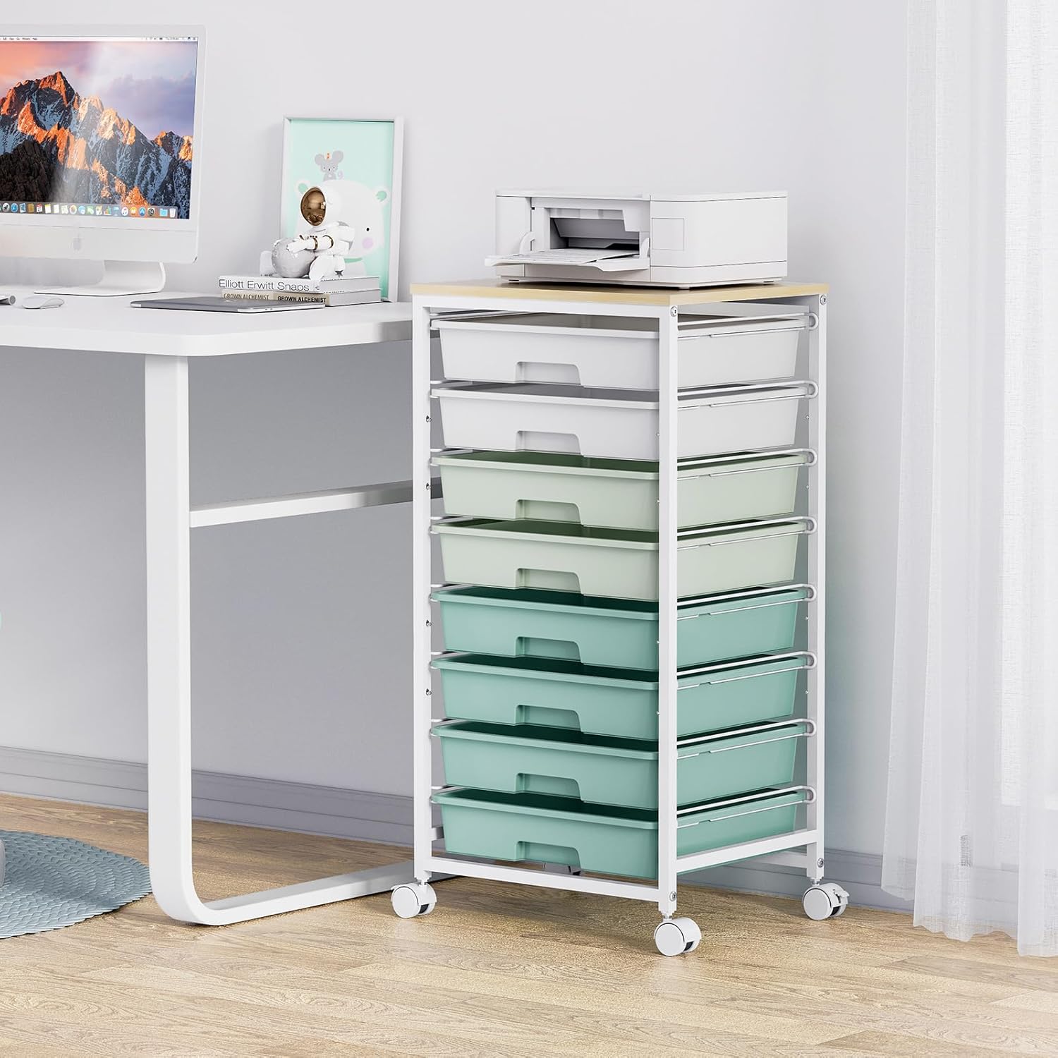 Rolling Storage Utility Cart Organizers with 8 Drawers and Wooden Tabletop for Living Room,Office,Classroom,Craft Room,Bedroom,Dorm,Green