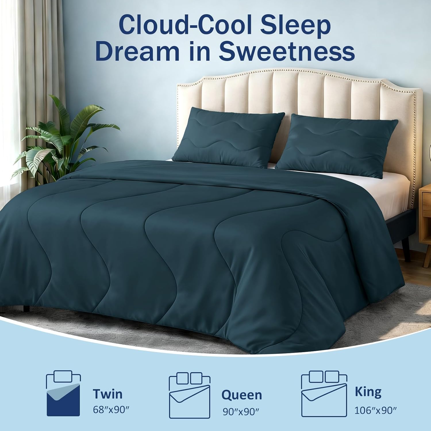Soft Cooling Comforter, Full/Queen Cooling Blankets for Hot Sleepers, Double-Sided All-Season Cold Breathable Lightweight Blanket for Night Sweats, Dark Denim Blue, 90''x90''
