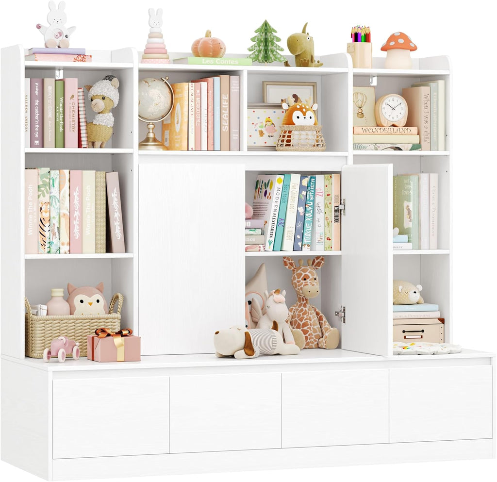 HIFIT 4-In-1 Kids Bookshelf and Toy Storage Organizer with Bench, 10-Cube Kids Bookcase with Reading Nook & 4 Sliding-Drawers & 2 Doors, Toy Chest Storage Cabinet for Playroom, Nursery,Classroom,White