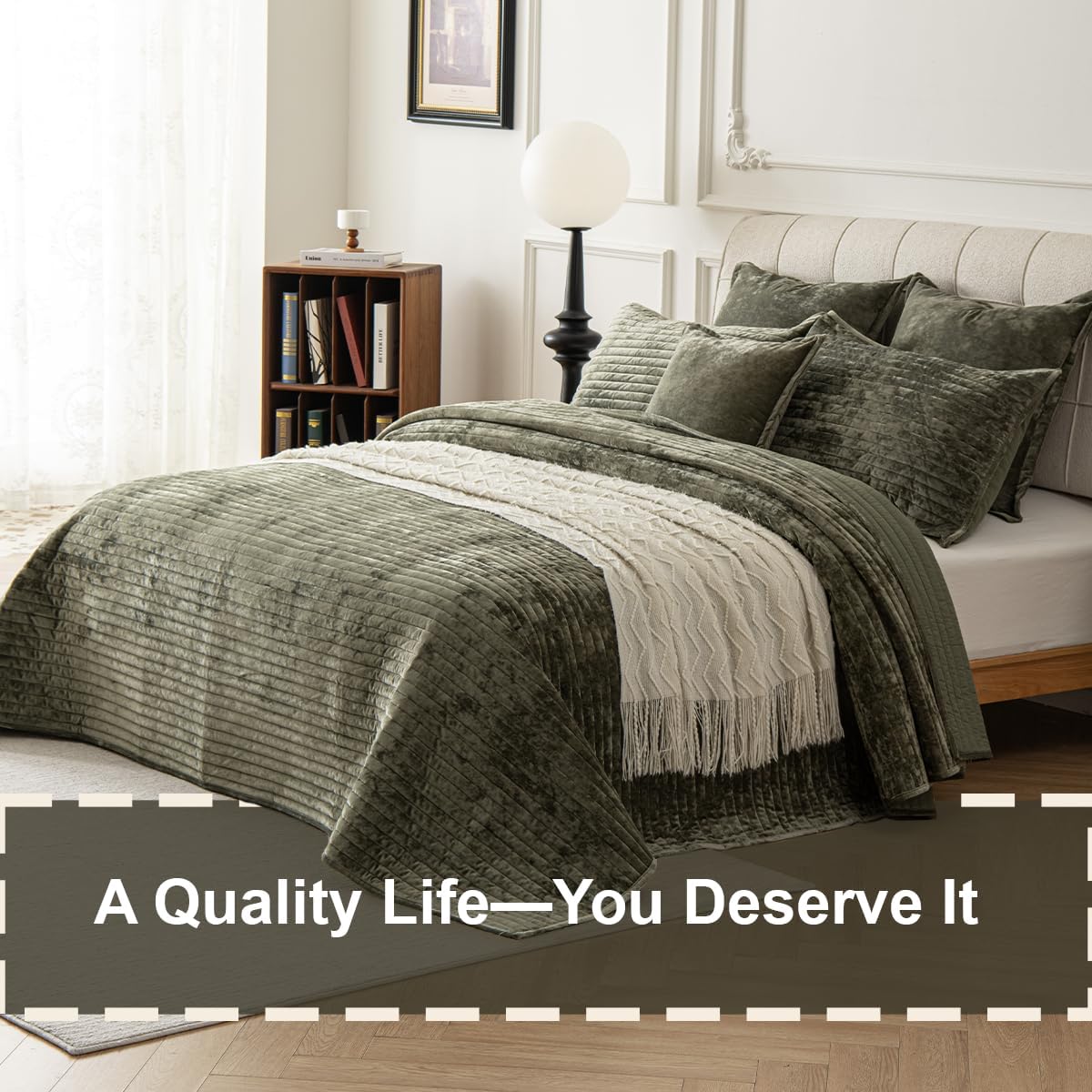 Velvet Oversized King Size Quilt Set 120x128 Soft Striped Bed Cover Set All Seasons Cozy Breathable Bedspread Includes 2 Pillowcases 20×36,Army Green