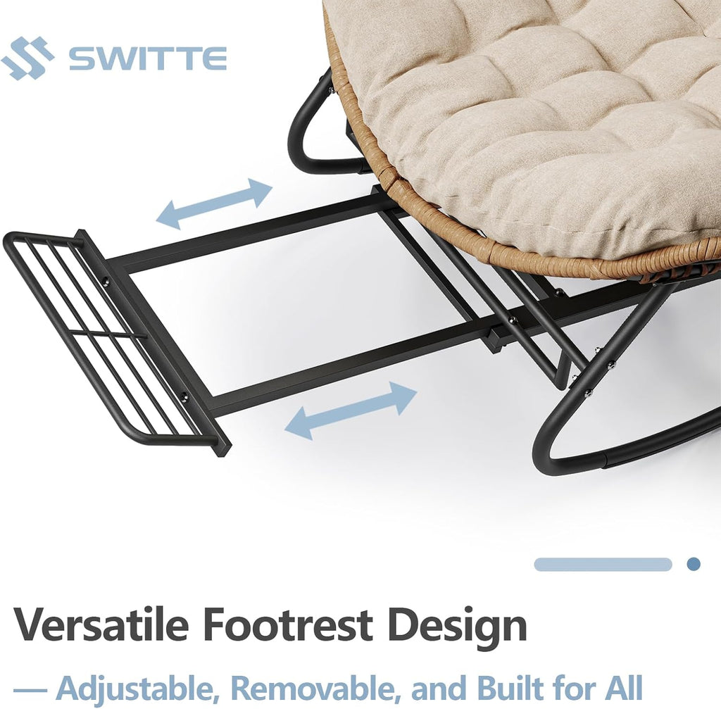 SWITTE Outdoor Rocking Chair with Footrest, Oversized Patio Papasan Rocker, Comfy Wicker Reading Lounge, Indoor Bed-Like Egg Chair for Bedroom,Balcony, Porch, Garden, Natural
