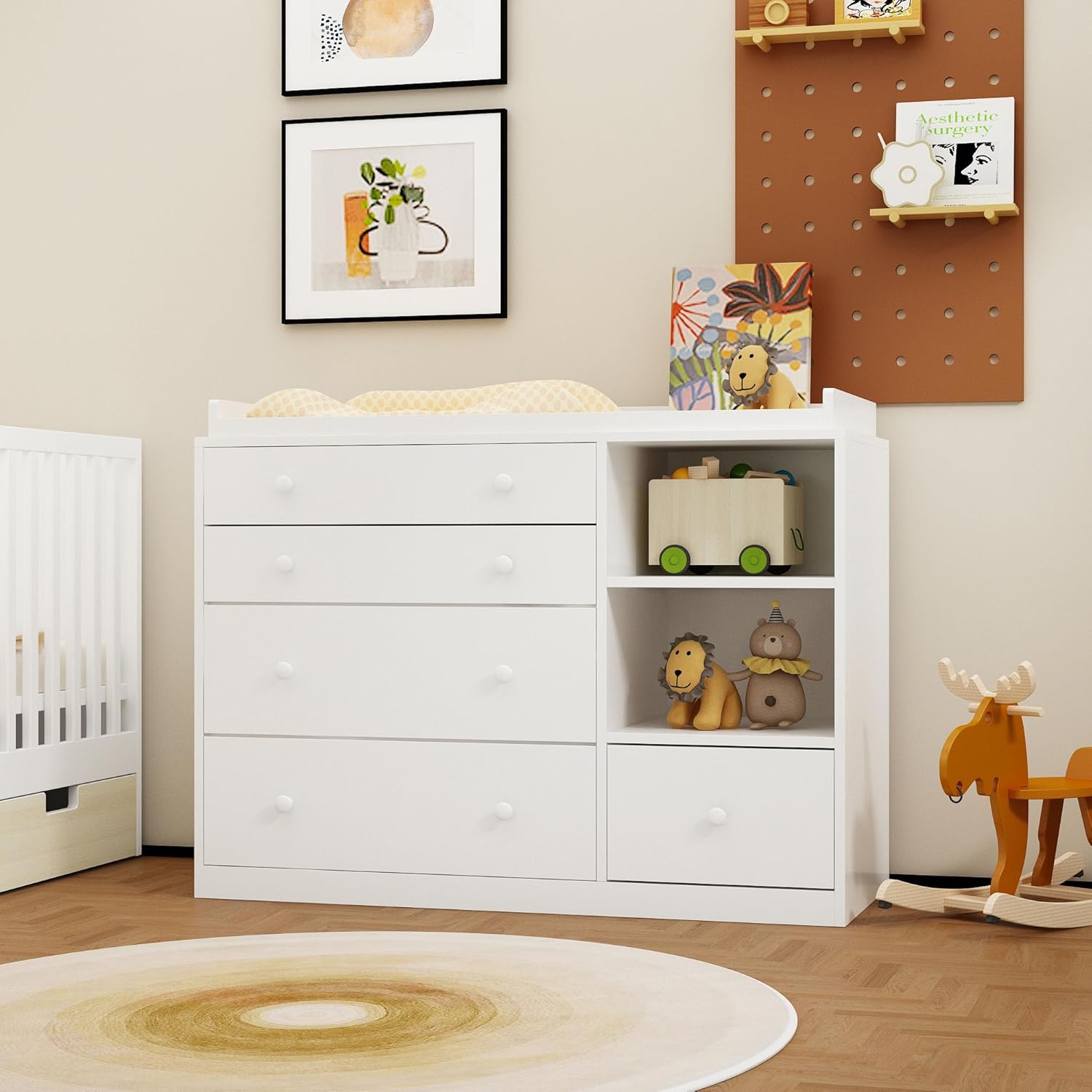 Timechee Changing Table Dresser, Baby Classic Nursery Dresser with 5 Drawers and 2 Shelves, Multi-Functional Baby Changing Table, Diaper Changing Station for Children's Room, White