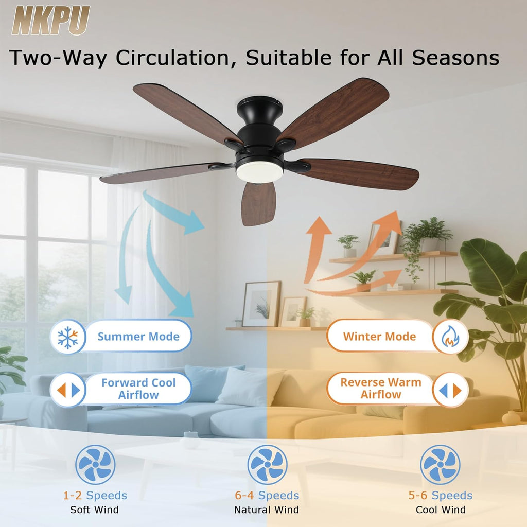 NKPU 52inch Low Profile Ceiling Fan with Light and Remote/APP Control,Reversible DC Motor,Noiseless,Dimmable,Modern Flush Mount Ceiling Fan for Bedroom,Indoor/Outdoor Use(Brown)