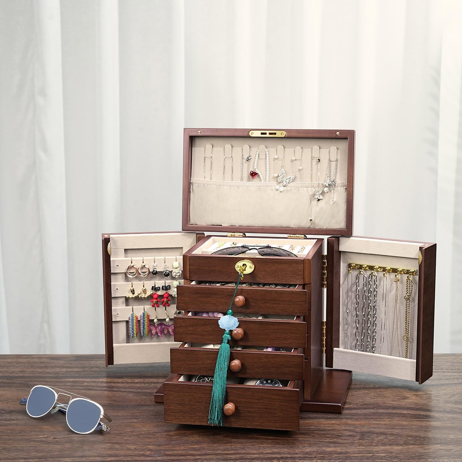 Lockable Wooden Jewelry Box for Women - 8-Layer Dresser Top Jewelry Boxes and Organizer with Key,Large Storage for Necklaces,Solid Wood Jewelry Organizers with Necklace Hooks