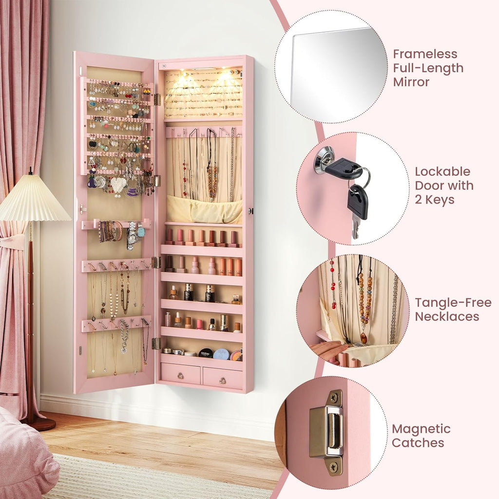 LDAILY Jewelry Armoire Wall or Door Mounted, Full-Length Mirror with Storage, Lockable Mirror Jewelry Cabinet w/ 2 Drawers, LED Lights, Over the Door Jewelry Organizer Box for Women Girls