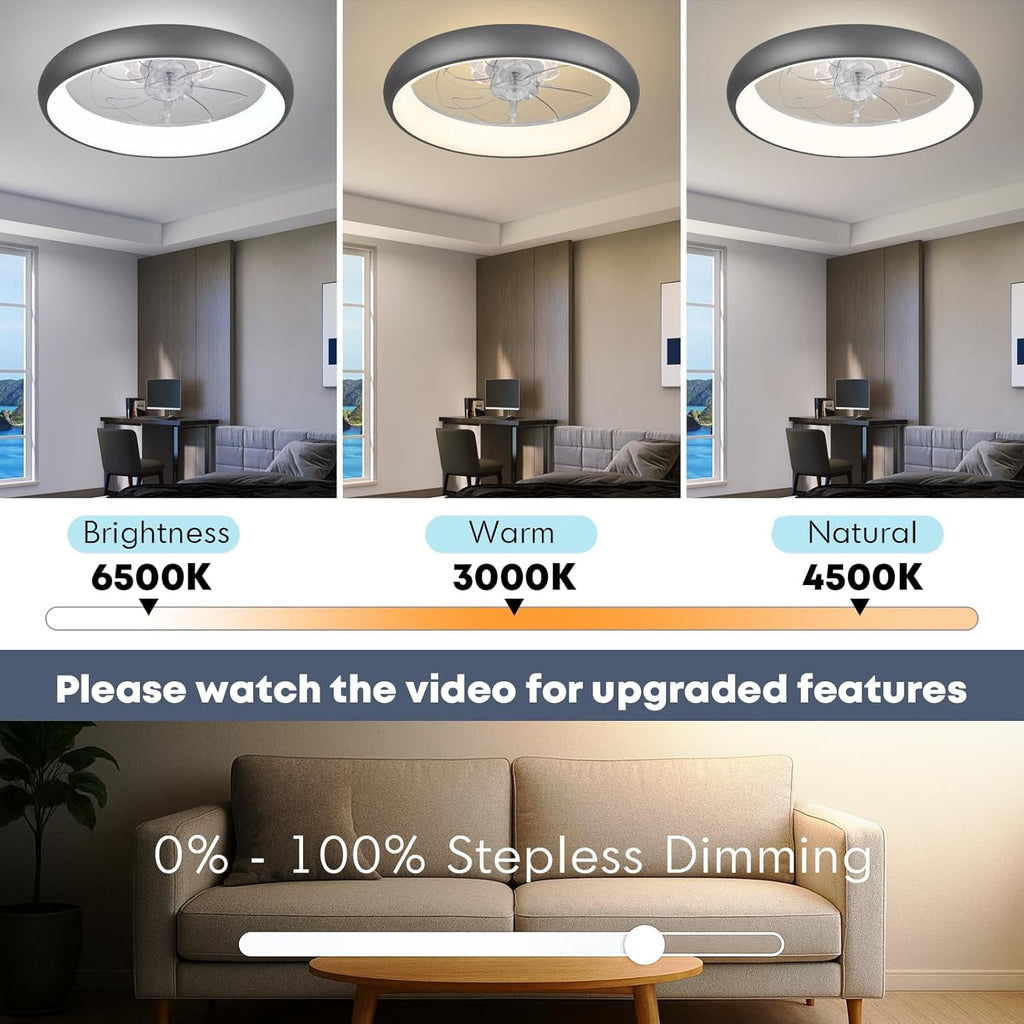 Fszdorj 20'' Ceiling Fan with Light, Upgraded Low Profile Fan, Flush Mount Ceiling Fan, 6 Speeds, Dimmable LED, App & Remote Control, Quiet DC Motor, for Bedroom, Living Room, F109 Grey