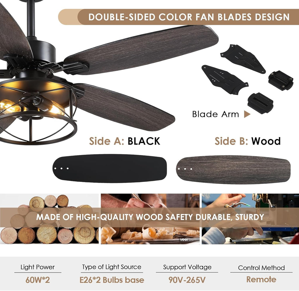 Hounberi 52" Caged Ceiling Fan with Lights and Remote, Downrod Rustic Ceiling Fans, 6-Speed Reversible, 5 Dual-Finish Blades, E26*2 Blub Base + Black Metal Lampshade for Bedroom Living Room