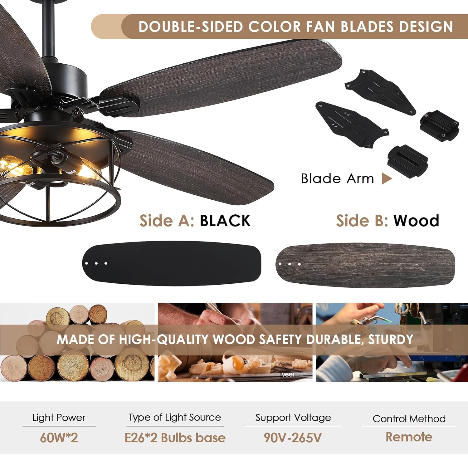 Hounberi 52" Caged Ceiling Fan with Lights and Remote, Downrod Rustic Ceiling Fans, 6-Speed Reversible, 5 Dual-Finish Blades, E26*2 Blub Base + Black Metal Lampshade for Bedroom Living Room