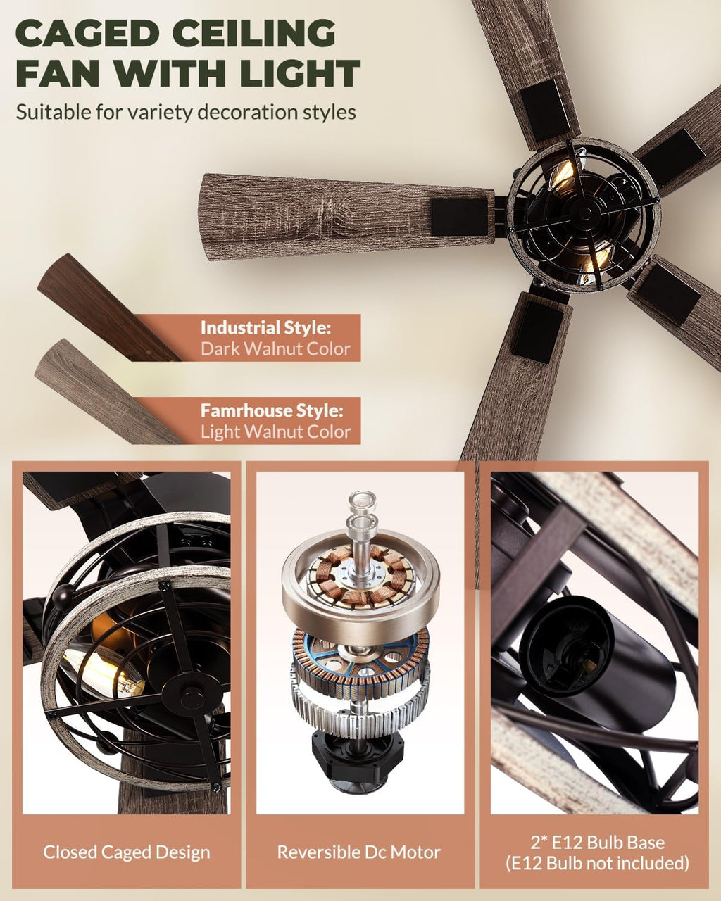 2-Pack 42 Inch Ceiling Fans with Lights, Remote Control Low Profile Flush Mount Ceiling Fan for Living Room Bedroomm, 6 Speeds Bladeless Caged Farmhouse LIghts, Quiet and Reversible DC Motor, Walnut