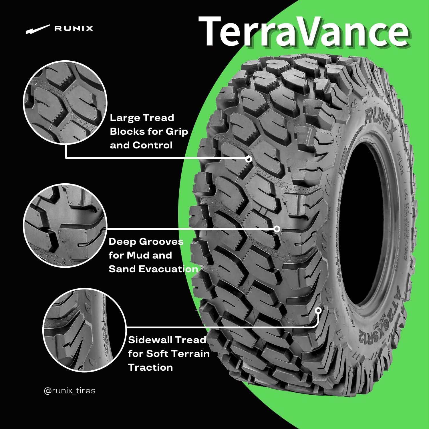 RUNIX ATV UTV Radial Tires, RUNIX TerraVance, 26X11R12, 26X11-12, Set of 2, Radial Tire, All Terrain, AT26X11R12, 6PR, Tubeless