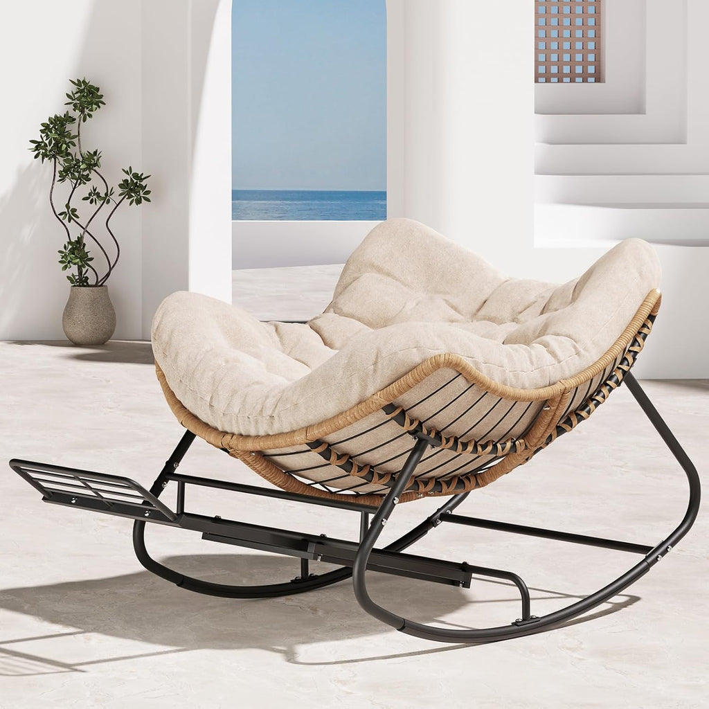 SWITTE Outdoor Rocking Chair with Footrest, Oversized Patio Papasan Rocker, Comfy Wicker Reading Lounge, Indoor Bed-Like Egg Chair for Bedroom,Balcony, Porch, Garden, Natural