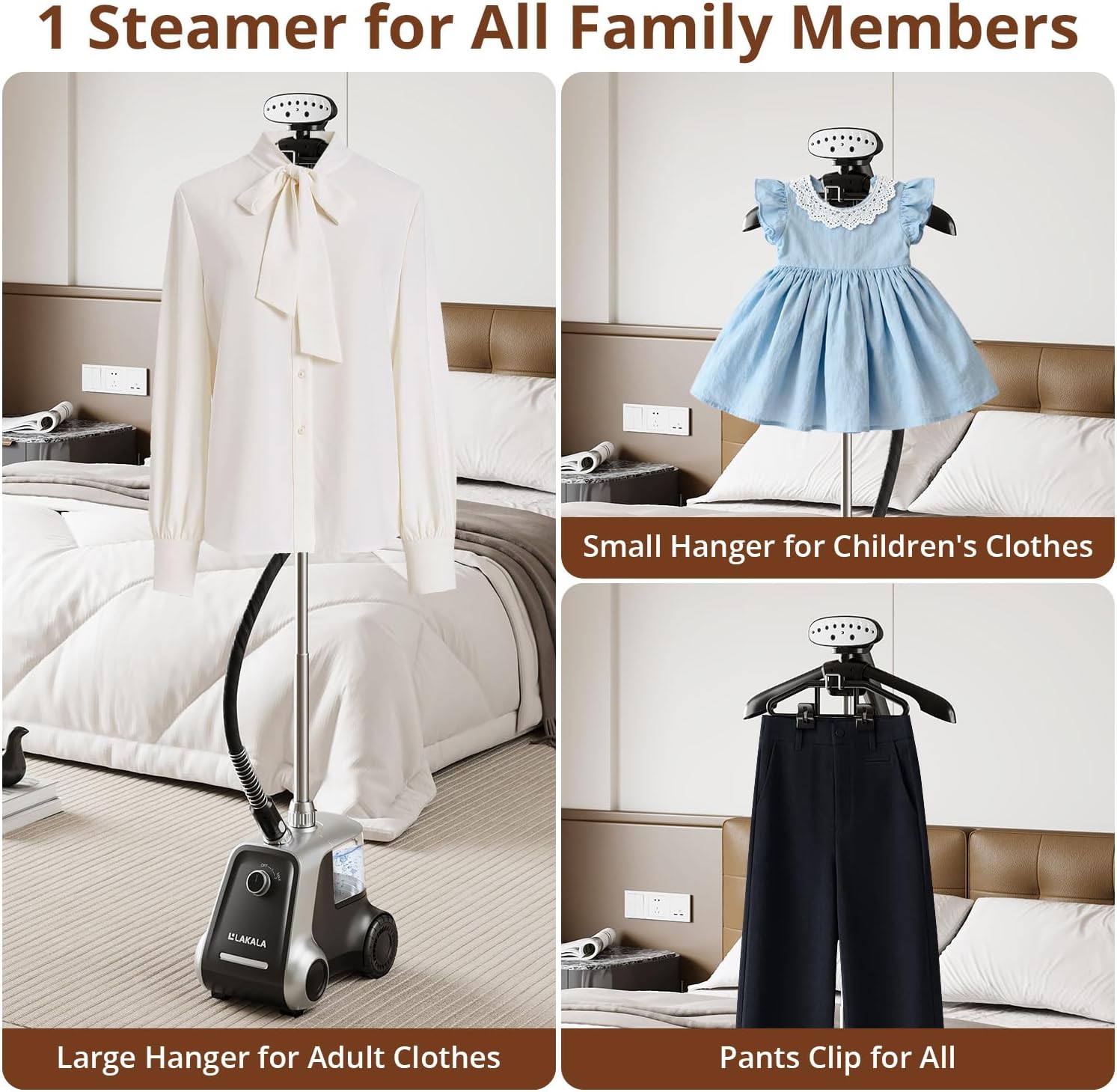 LAKALA Garment Steamer for Clothes, 30-Second Instant Heat-Up, 2.5L Water Tanks, with Pant Clips & Dual Hanger, Powerful Handheld, 4-Stage Adjustable Height, Standing Floor Steamer Wrinkle Remover
